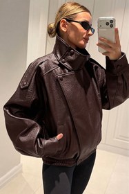 Resim MANMARK Viral Oversize Kadın Deri Ceket Yüksek Yaka Bordo Urban Style Kadın Deri Ceket 