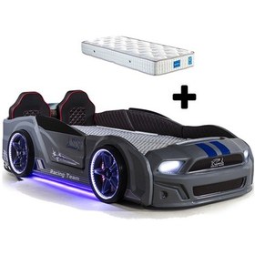 Resim Gri Arabalı Yatak Kapıları Açılan Mustang Full Ledli Kumandalı Ve Müzikli + Ortopedik Yatak 