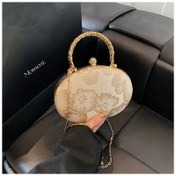 Resim Şık Çiçek Nakışlı Yuvarlak Akşam Çantası Altın Tonlu Zincir Askılı - Kadınlar için Mini Crossbody & Clutch Cüzdan, Beyaz/Yeşil/Mavi, PU Malzeme, Ayarlanabilir Omuz Askısı, Resmi Etkinlikler ve Günlük Kıyafetler İçin Mükemmel, Akşam Aksesuarı | Zarif Tarz | Detaylı İşlemeli 