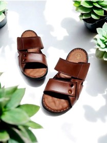 Resim Erkek Gerçek Deri Cırtlı Ayarlanabilir Ev Ve Dışarı Terliği Taba 