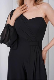 Resim Neşeli Butik kadın siyah tek kol astarlı tül kumaş tasarım abiye tulum NBS9389 