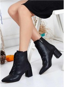 Resim Siyah Kadın Deri Bağcıklı Fermuarlı Kalın Topuklu Bot Melinda 001 