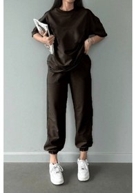 Resim Basic T-shirt Eşofman Altı Jogger - Kahverengi Düz Alt Üst Eşofman Takımı Oversize Bisiklet Yaka Kahve 
