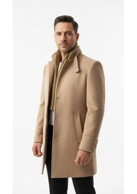 Resim Erkek Slim Fit Kaşe Kaban Çıkarılabilir Ribanalı Fermuarlı Yaka, S Xxl Açık Bej 