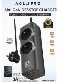 Resim 6in1 67w Gan Akıllı Priz 3a Hızlı Şarjlı Masaüstü Çoklu Şarj İstasyonu 3 Type-c + 1 Usb + 2 Acpriz 