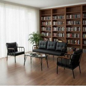 Resim ARYANS HOME Siyah Deri Metal Ofis Koltuk Takımı Büro Koltuk Ve Kanepeleri Bekleme Koltukları- 3 1 1 
