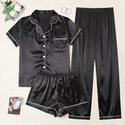 Resim Şık Set, Tüm Mevsimler İçin Uygun, Cepli Rahat Kadın Pijama Ev Kıyafeti Düz Renk Üç Parçalı Takım, Konforlu Üç Parçalı Kıyafet 