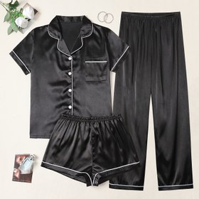 Resim Şık Set, Tüm Mevsimler İçin Uygun, Cepli Rahat Kadın Pijama Ev Kıyafeti Düz Renk Üç Parçalı Takım, Konforlu Üç Parçalı Kıyafet 