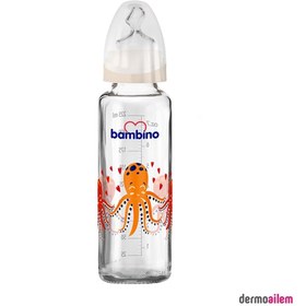 Resim Bambino Beyaz Kapaklı Ahtapot Desenli Damaklı Cam Biberon 225 Ml 