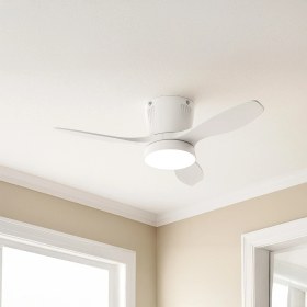 Resim Modern LED Işıklı Tavan Vantilatörü 3 Renk Işık 3 Kademe Hız Sessiz Beyaz Gövde Beyaz Kanat Avize 