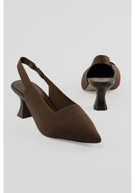 Resim Kadın Triko Stiletto Sivri Burun Arkası Açık Topuklu Ayakkabı Koreva Kahverengi Kahverengi 