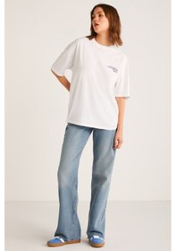 Resim Grimelange Fınola Kadın Oversize Ön Ve Arka Mavi Yazı Detaylı Kısa Kollu Beyaz T-shirt 