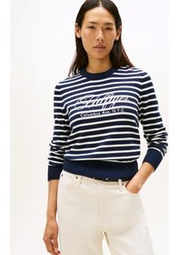 Resim Tommy Hilfiger Pamuklu Penye Grafik Baskılı Bisiklet Yaka Uzun Kollu Kadın Mavi Kazak Ww0ww473040bı Mavi 