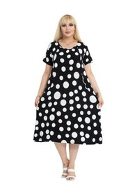 Resim Melsay Butik Büyük Puanlı Kuplu Cepli Kısa Kollu Kadın Midi Elbise Siyah 