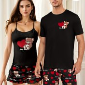 Resim Çiftler için Karikatür Ayı Baskılı Kadınlar İçin Atlet Şort Takımı veya Erkek Kısa Kollu Şortlu Pijama Takımı Uniseks Set Fiyatı 