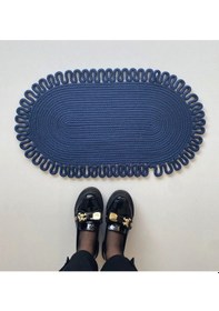 Resim Jüt Kenarları Desenli Oval Paspas 45 X 75 Lacivert 