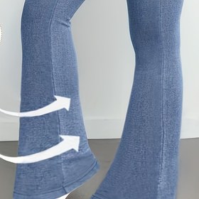 Resim [Denim Baskı/Taklit Denim] Kadın Yüksek Bel Esneklikli Pantolon - Geniş Paça, Elastik Bel (Kemer Dahil Değildir), Tam Desen ve Sahte Cep Tasarımı, İlkbahardan Sonbahara Her Mevsim Uygun Dar Kalıp Boyu Dolunçuklu Şık & Günlük Çok Amaç Şalvar 