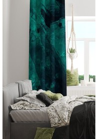 Resim Yeşil Lacivert Desenli Süet Oturma Odası, Salon Fon Perde Baskılı Ekstrafor Büzgü Tek Kanat Prd-1001 Çok Renkli 