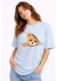 Resim Fermuarlı Ayıcık Baskılı Kadın Tişört Oversize Sevimli Teddy Bear Mavi 