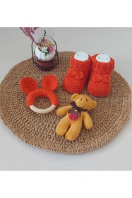 Resim BEGİN Kiremit Rengi Yenidogan Hediyelik Bebek El Örgü Akrilik Yün Diş Kaşıyıcı Patik Fiyonklu 0-6 Ay 