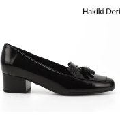 Resim Kadın Siyah Rugan Küt Burun Kısa Kalın Topuklu Hakiki Deri Ayakkabı 