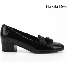 Resim Kadın Siyah Rugan Küt Burun Kısa Kalın Topuklu Hakiki Deri Ayakkabı 
