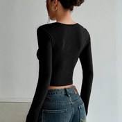 Resim Kadın Siyah Dantel Detaylı V Yaka Uzun Kollu Crop Top - Seksi, Düz Renk, Kontrast Dantel Detaylı, Üstü Alın Stili, Bahar/Yaz/Sonbahar için Mükemmel, Üst|V Yaka Üst|Dantel Detaylı Üst 