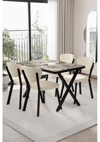 Resim Elma Mutfak Masası Takımı 4 Kişilik Mutfak Yemek Masa Takımı Krem Beyaz Mermer 