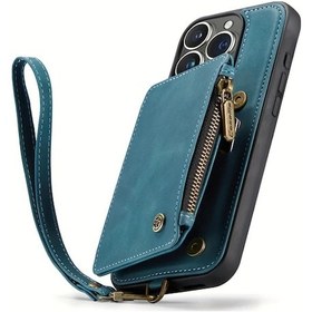 Resim Sunshine022 Mavi Yeşil iPhone Uyumlu 14 Deri Flip Cüzdan Manyetik Kılıf Askılı Para Çantası 