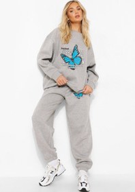 Resim LAND MODA Kadın Mavi Kelebek Baskılı Sweatshirt Eşofman Alt Üst Takımı 