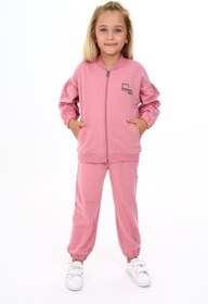 Resim Toontoy Kız Çocuk 2'li Takım Baskılı Kolej Yaka Fermuarlı Sweatshirt & Beli Paçası Lastikli Eşofman Altı 