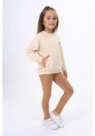 Resim Toontoy Kids Toontoy Kız Çocuk 2'li Takım Baskılı Bisiklet Yaka Düşük Omuz Cepli Sweatshirt & Basic Düz Tayt Bej 