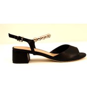 Resim Siyah Deri Taş Detaylı Rahat Kalıp Kadın Topuklu Ayakkabı 