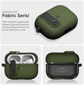 Resim Minesk Airpods Pro 2 ile Uyumlu Fabric Serisi Özel Kilitli Tasarım ve Kumaş Yüzeyli Kılıf Darbelere Karşı Koruyucu Kapak (Yeşil, Airpods Pro 2) 