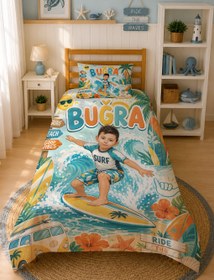 Resim Evmila Karikatüristik Sörf Temalı Nevresim Takımı - 100x150 cm Nevresim ( Bebek Boy Özelleştirilmiş ) + 35x45 cm Yastık Kılıfı 
