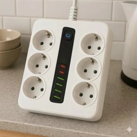 Resim 6 Priz + 4 USB Çıkışlı Akıllı Çoklu Priz - Aç/kapa Anahtarlı, Hızlı Şarj Destekli, 3680 Watt, Ev & Ofis Kullanımı 