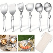 Resim 5/7 parça set, açık hava kampı için katlanabilir pişirme araçları, taşınabilir ve dayanıklı mutfak gereçleri, 304 paslanmaz çelikten yapılmış, çorba kaşığı, süzgeç, pirinç küreği, sebze küreği, kızartma küreği, süzgeç ve saklama çantası dahil, küçük ve saklaması kolay, piknikler, yürüyüşler için çok uygun, dışarı çıkarken olmazsa olmaz bir pişirme araçları setidir 