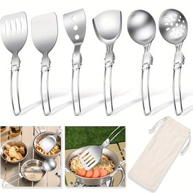 Resim 5/7 parça set, açık hava kampı için katlanabilir pişirme araçları, taşınabilir ve dayanıklı mutfak gereçleri, 304 paslanmaz çelikten yapılmış, çorba kaşığı, süzgeç, pirinç küreği, sebze küreği, kızartma küreği, süzgeç ve saklama çantası dahil, küçük ve saklaması kolay, piknikler, yürüyüşler için çok uygun, dışarı çıkarken olmazsa olmaz bir pişirme araçları setidir 