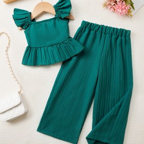 Resim Kızların İki Parça Yazlık Kıyafeti: Kolsuz, Yelekli, Ruffle Yelek ve Geniş Bacaklı Pantolon - Günlük Giyim, Gençler İçin Rahat ve Şık Set|Moda Çocuk Kıyafeti|Polietilen Kumaş, Açık Hava İçin 