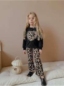 Resim Miniko Kids Kız Çocuk Kalp Modelli Tül Detaylı Leopar İspanyol Paça Taytlı Takım Siyah 