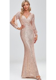 Resim Hanife Glam Couture Hanife Glam Uzun Kollu Kruvaze Yaka Pullu Abiye Elbise Gold 