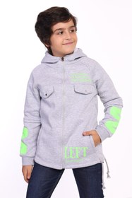 Resim Toontoy Erkek Çocuk Kapüşonlu Fermuarlı Cepli Düşük Omuz Baskılı Reglan Kol Örme Hırka - Beli Ayarla 