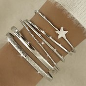 Resim 6 adet Set Demir Halka Bilezik Seti Rahat Moda Beş Yıldızlı Parlak Bilezik İnce Halka Parlak Halka Oymalı Bilezik Yığın Seti 