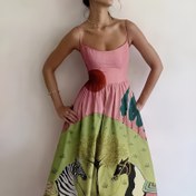 Resim 2025 Yeni Kadınlar İçin Retro Omuz Açık Elbise - Uzun Zebra ve Zürafa Baskılı Geometrik Desenli, Hafif Pembe Geniş Etek Bahar/Yaz Günlük ve Plaj Giyimi, Vintage Tarzı, Dekoratif Detay 