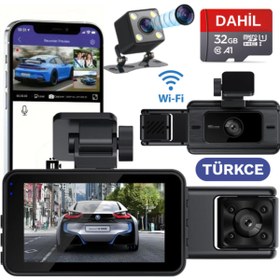 Resim SONREİR S15 WiFi FHD 3 Kameralı Türkçe Araç İçi Güvenlik Kamerası Gece Görüşü Ön-Arka-İç- Ses Kayıt DashCam 