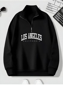 Resim Harmandar Siyah Erkek Losangeles Baskılı Dik Yaka Yarım Fermuarlı Düz Kazak Sweatshirt Siyahlosangelesdikyaka 