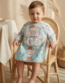 Resim melonika Little Gentleman Ayıcık Figürlü Uzun Kollu Bebek Mama Önlüğü - Sıvı Geçirmez, Leke Tutmaz ve Cepli B 
