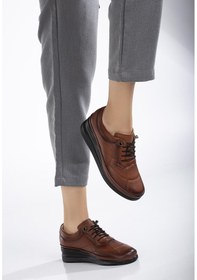 Resim Dilimler Ayakkabı Hakiki Deri Ortopedik Kadın Dolgu Topuklu Ayakkabı Taba Elastik Bağcıklı-3300 Taba 