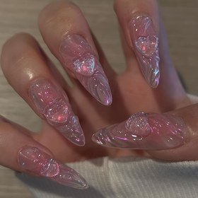 Resim 24pcs Glossy Medium Almond Fake Nails, Pink Press On Nails With 3D Ripple And Crystal Heart Design, Sweet False Nails For Women Girls - Daily Party Wear 