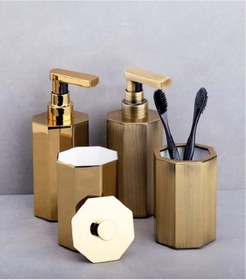 Resim DİZAYNAKS Köşeli Altın Antik Sıvı Sabunluk Pamukluk Seti 2li 